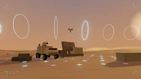 Quadcopter formation enters an autonomous route corridor over a desert Stock Footage 342908974