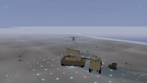 Quadcopter formation enters an autonomous target lock along a coastal d Vídeo Stock 342908295