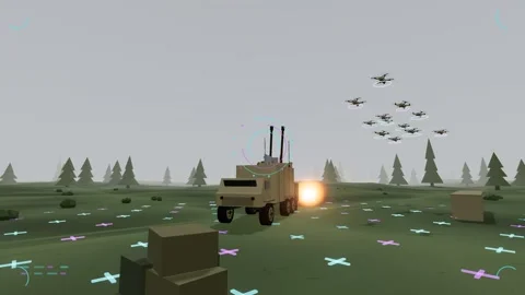 Quadcopter formation enters an encrypted drone mesh network over a conc 스톡 동영상 342908424