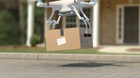 Quadcopter Picking Up a Package from the Ground. Taking off with a Parcel and Stock Footage 81738263