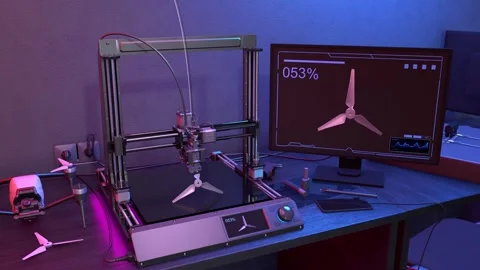 Quadcopter repair. Manufacture of propellers using a 3D printer. 3D render Stock Footage 291300416