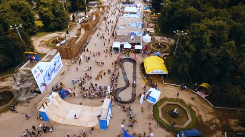 Quadcopter view fair in the square in the city of Moscow. Sports events in Stock Footage 94916098