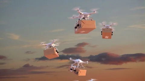 Quadcopters deliver packages against time-lapse sky background Stock Footage 84658703