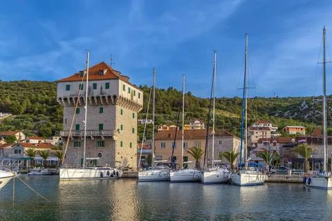 Quadrangular tower, Marina, Croatia Quadrangular tower in port of Marina t... Stockfoto's