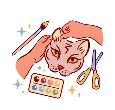 Quadrobic. Creative art, handmade cat mask using craft materials, fun aesthetic Stock Illustration