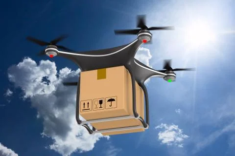 Quadrocopter with cargo box on clouds sky. 3d illustration Illustration
