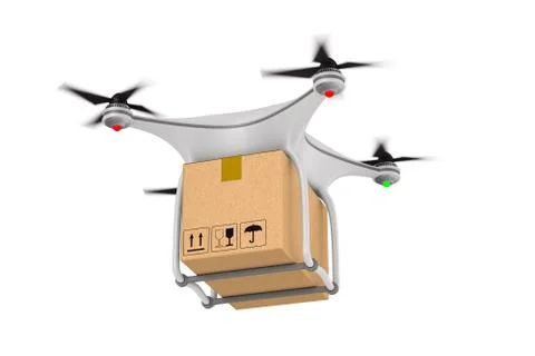 Quadrocopter with cargo box on white background. Isolated 3d illustration Stock Illustration