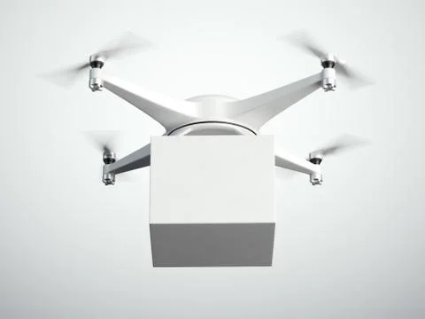Quadrocopter carrying white box. 3d rendering Illustrazione stock