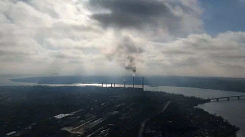 Quadrocopter survey of a thermoelectric station Stock Footage