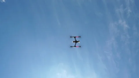 Quadrocopter taking off into blue sky Stock Footage 77539249