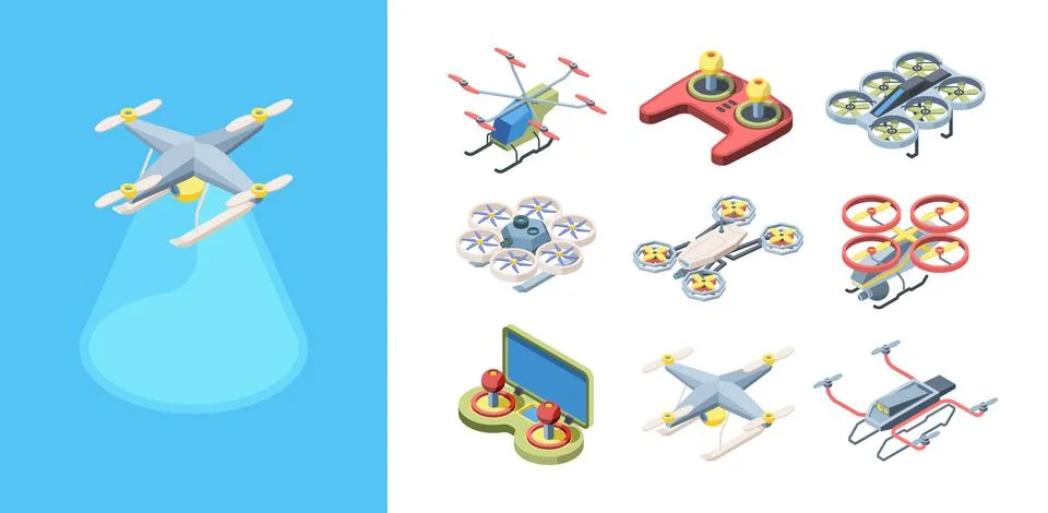 Quadrocopters flying drones set. Robotic modern multicopter devices for cargo Stock Illustration