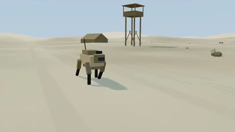 Quadruped robot walking across open desert Stock Footage 341388443