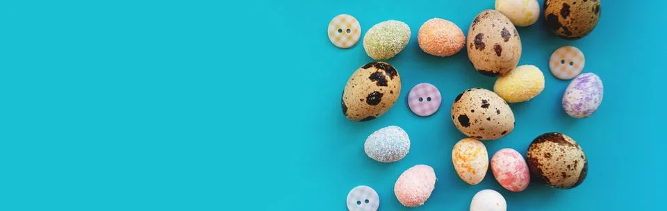Quail Easter eggs on blue background. Flat lay, top view. Easter concept. Stock Photos