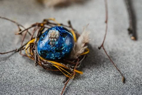 Quail easter eggs with feathers in nest on brown table with copy space. Foto stock