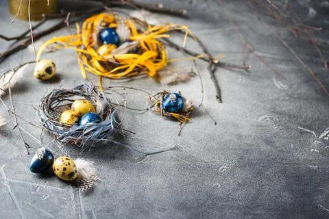 Quail easter eggs with feathers in nest on brown table with copy space. Foto stock