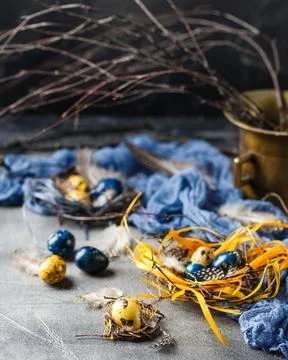 Quail easter eggs with feathers in nest on brown table with copy space. Stock Photos