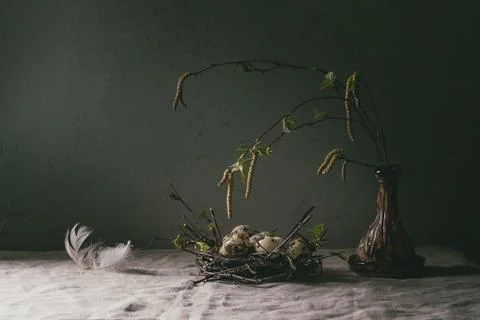 Quail Easter eggs in nest Stock Photos