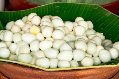 Quail eggs in a  basket. Stock Photos