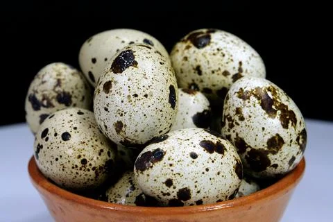 Quail eggs on black background, close-up shot Stock Photos