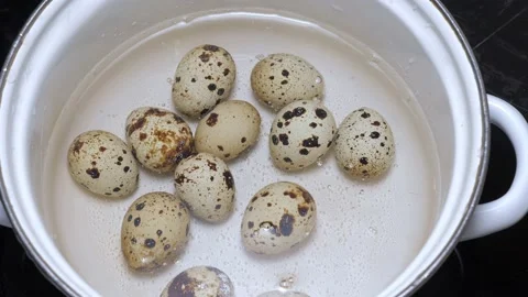 Quail eggs boiling in saucepan Video stock 130526323