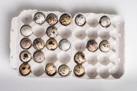 Quail eggs in cardboard packaging in random order..Vegetarian organic  eco fo Stock Photos