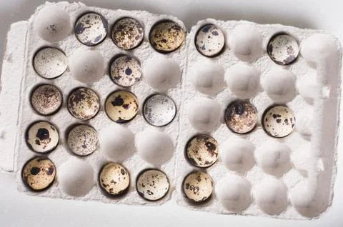 Quail eggs in cardboard packaging in random order..Vegetarian organic food. E Stock Photos