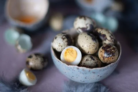 Quail eggs in ceramic vases, gray feathers on the table, easter still life, Stock Photos
