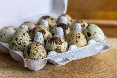 Quail eggs in an egg pack against a wooden background Stock Photos