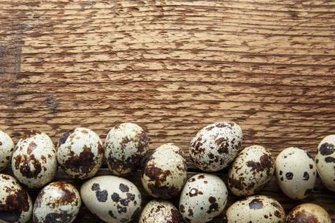 Quail eggs. Flat lay composition with small quail eggs on the natural wooden  Stock Photos