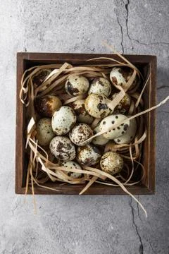 Quail eggs. Flat lay composition with small quail eggs in the wooden box on t Stock Photos