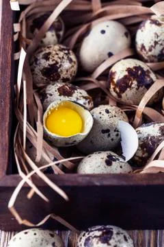 Quail eggs. Flat lay composition with small quail eggs in the wooden box on t Stock Photos