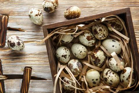Quail eggs. Flat lay composition with small quail eggs in the wooden box on t Stock Photos