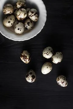 Quail eggs. Flat lay composition with small quail eggs in the bowl on the bla Stock Photos