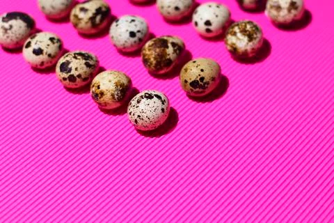 Quail eggs form a triangle on a textured pink background Stock Photos