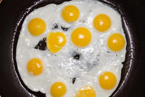 Quail eggs fried in a pan Stock Photos