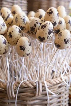 Quail eggs in a handcrafted Easter decoration for home decor showcasing unique Stock Photos