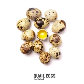 Quail eggs isolated on white background. Healthy food concept. Top view Stock Photos
