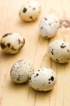 Quail eggs on kitchen table Stock Photos