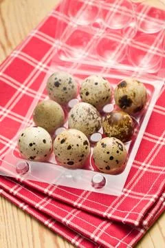 Quail eggs on kitchen table Stock Photos