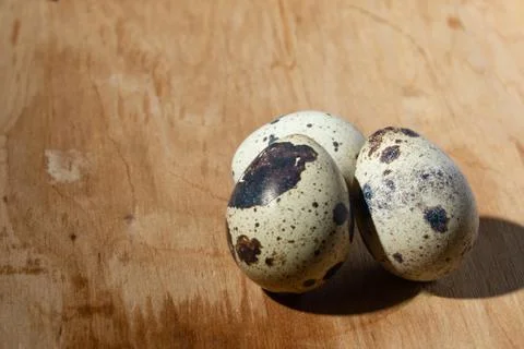Quail eggs on a light tree blue background, close up, copy space Stock Photos
