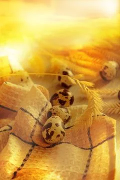 Quail eggs on the table, rustic style. Home sweet home.  Happy Easter Stock Photos