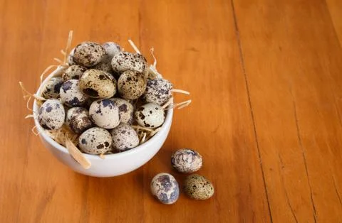 Quail eggs on top of a straw background. top view Stock Photos