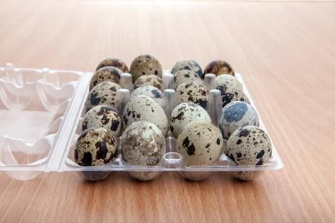 Quail eggs in transparent plastic container on wooden table Stock Photos