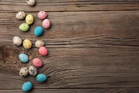 Quails eggs. Easter greeting card. Top view with space for your greetings Stock Photos