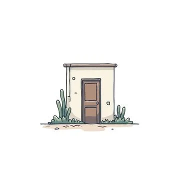 Quaint adobe building with rustic door nestled among desert shrubbery illus.. Stock Illustration