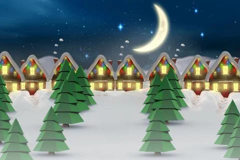 Quaint town with bright moon Stock Illustration