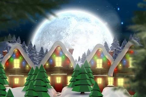 Quaint town with bright moon Stock Illustration