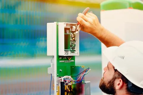 A qualified electrical engineer sets up a control and measuring device at an Foto stock