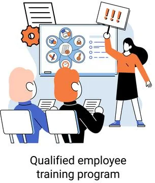 Qualified employee training program. Group business team workshop. Help in Stock Illustration