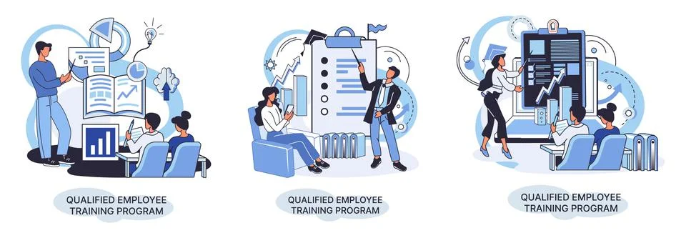 Qualified employee training program. Refresher course. Help in professional Illustrazione stock